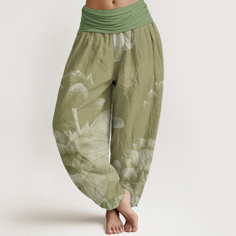 Buddha Stones Cotton Pink And White Lotus Women's Elastic Waist Harem Pants - DarkKhaki - US22，UK/AU26，EU54 (6XL) - image 7