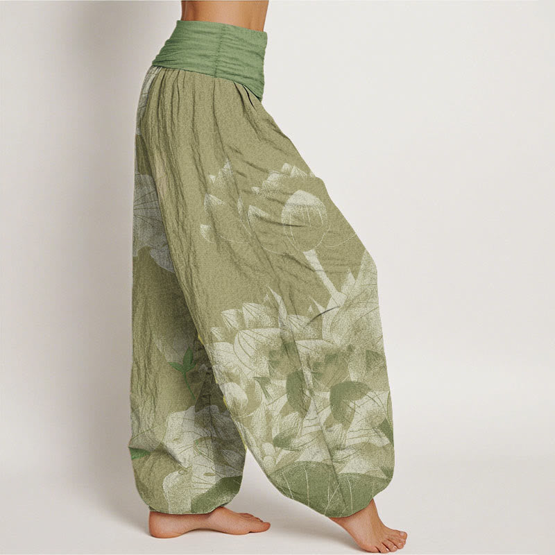 Buddha Stones Cotton Pink And White Lotus Women's Elastic Waist Harem Pants - image 9