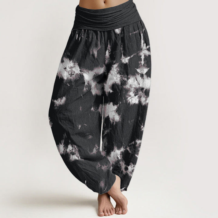 Buddha Stones Cotton White Lines Spots Tie-Dye Pattern Women's Elastic Waist Harem Pants - Black - US22，UK/AU26，EU54 (6XL) - image 0