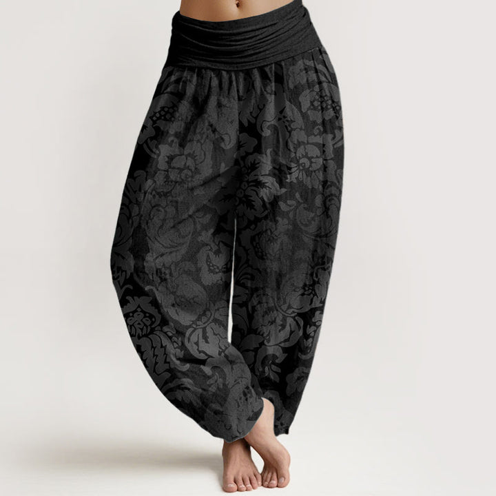 Buddha Stones Cotton Casual Flower Leaves Design Women's Elastic Waist Harem Pants - Black - US22，UK/AU26，EU54 (6XL) - image 4