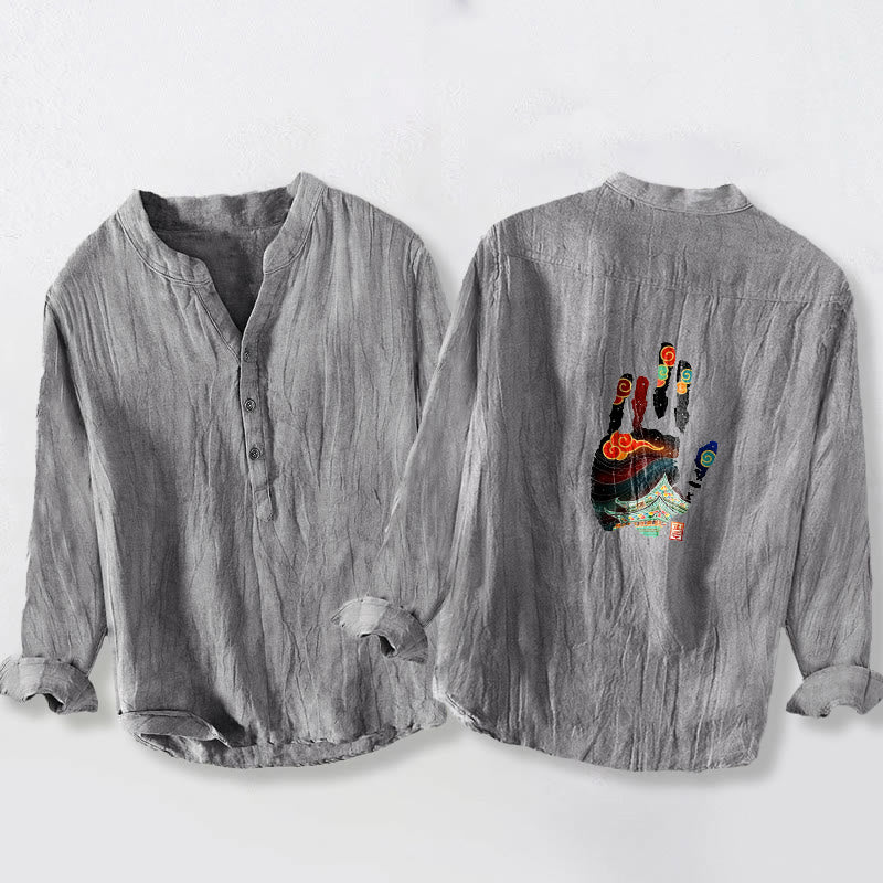 Buddha Stones Handprints Architecture Pattern Half Buttons Men's Cotton Linen Long Sleeve Shirt - image 5