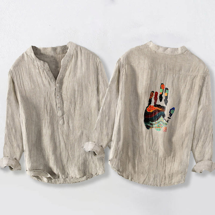 Buddha Stones Handprints Architecture Pattern Half Buttons Men's Cotton Linen Long Sleeve Shirt - image 2