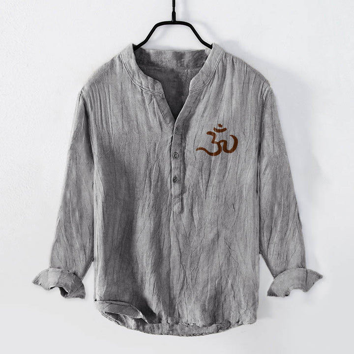 Buddha Stones Om Symbol Symmetrical Mandala Pattern Half Buttons Men's Cotton Linen Long Sleeve Shirt - image 4