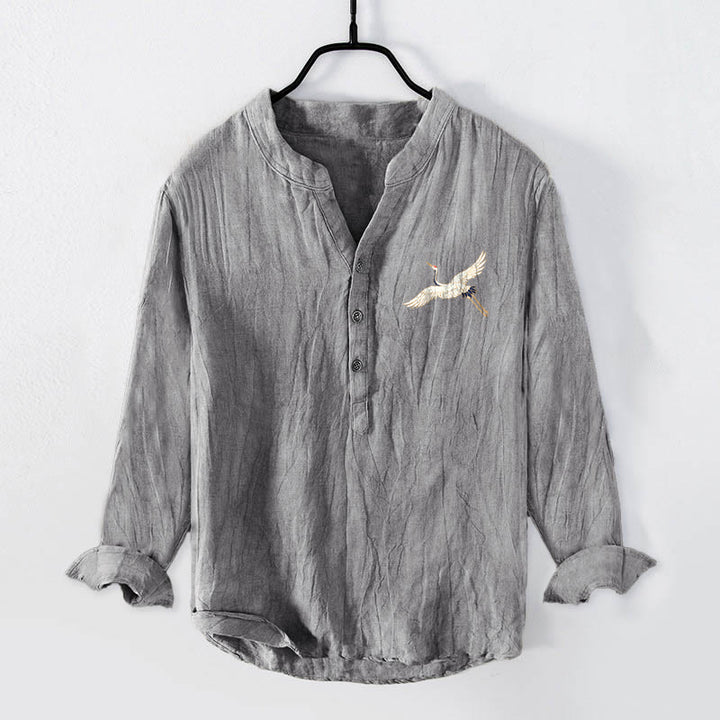 Buddha Stones Mountains Cranes Cloud Pattern Half Buttons Men's Cotton Linen Long Sleeve Shirt - image 1