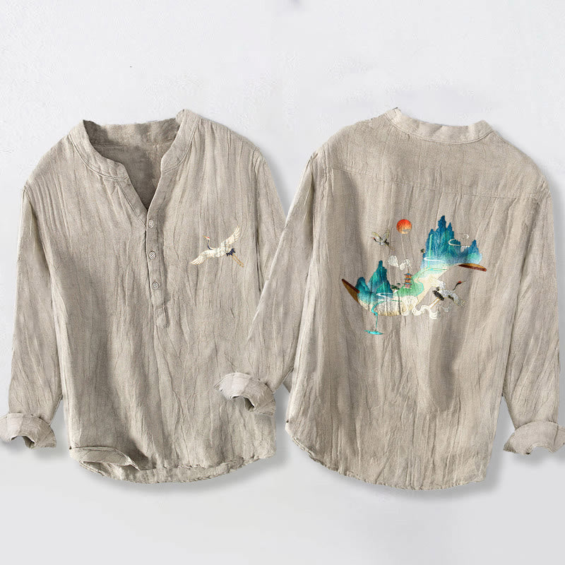 Buddha Stones Mountains Cranes Cloud Pattern Half Buttons Men's Cotton Linen Long Sleeve Shirt - Linen - US/UK/AU50，EU60 (5XL) - image 3