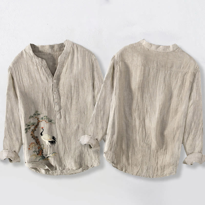 Buddha Stones Cranes Pine Tree Pattern Half Buttons Cotton Linen Men's Long Sleeve Shirt - image 2