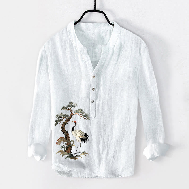 Buddha Stones Cranes Pine Tree Pattern Half Buttons Cotton Linen Men's Long Sleeve Shirt - White - US/UK/AU50，EU60 (5XL) - image 6