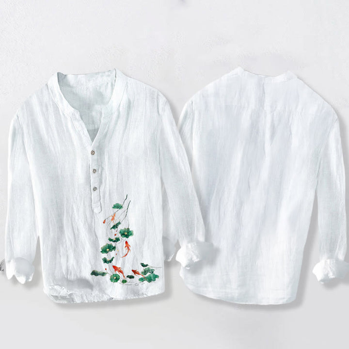 Buddha Stones Koi Fish Lotus Leaves Pattern Half Buttons Cotton Linen Men's Long Sleeve Shirt - image 2