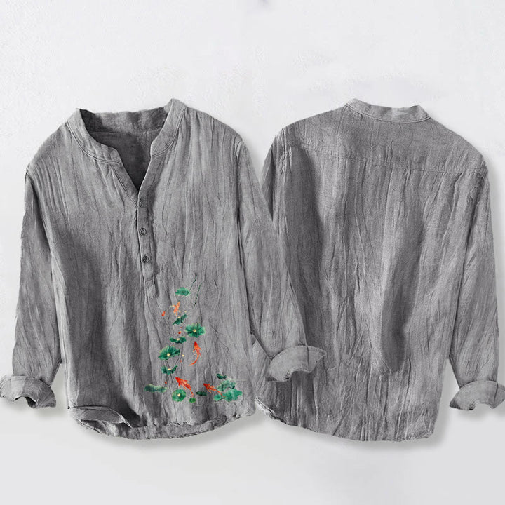 Buddha Stones Koi Fish Lotus Leaves Pattern Half Buttons Cotton Linen Men's Long Sleeve Shirt - image 8