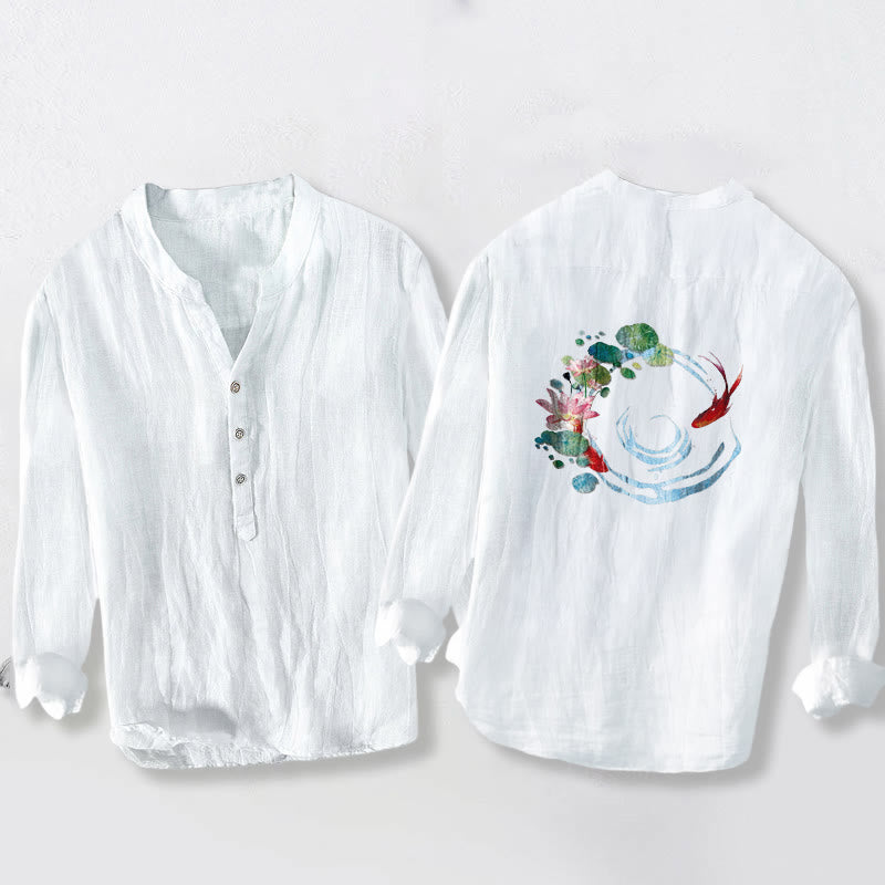 Buddha Stones Koi Fish Lotus Flowers Leaves Pattern Half Buttons Long Sleeve Men's Cotton Linen Shirt - image 8