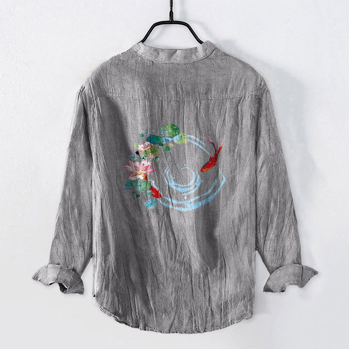 Buddha Stones Koi Fish Lotus Flowers Leaves Pattern Half Buttons Long Sleeve Men's Cotton Linen Shirt - Gray - US/UK/AU50，EU60 (5XL) - image 0