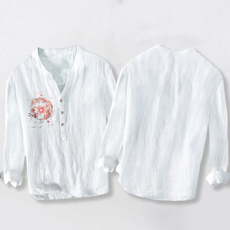 Buddha Stones Pink Dragon Cherry Blossoms Pattern Half Buttons Long Sleeve Men's Cotton Linen Shirt - image 8