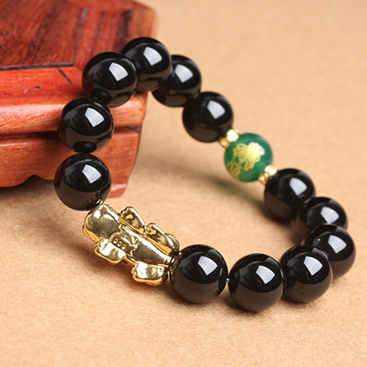 Buddha Stones Black Onyx Green Agate Beads Pi Xiu Protection Bracelet - Black Onyx-14MM(Wrist Circumference: 17-21cm) - image 0