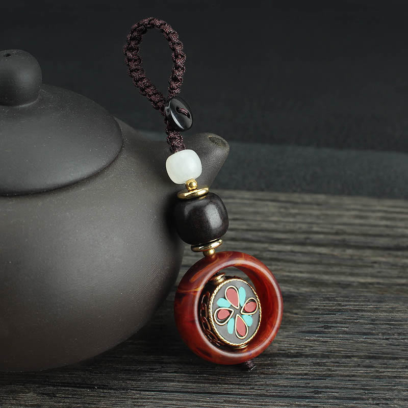 Buddha Stones Ebony Wood Sanskrit Four-leaf Clover Buddha's Eye Peace Rotatable Key Chain - Four-leaf Clover Pattern - image 8