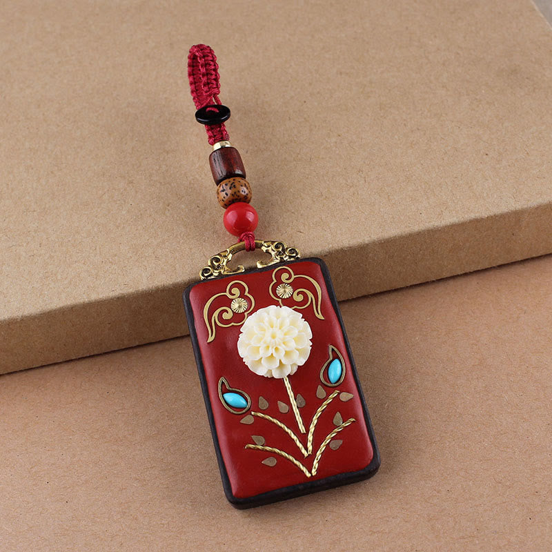 Buddha Stones Ebony Flower Koi Fish Fu Character Button Rope Key Chain - Red Button Rope - Hydrangea - image 18