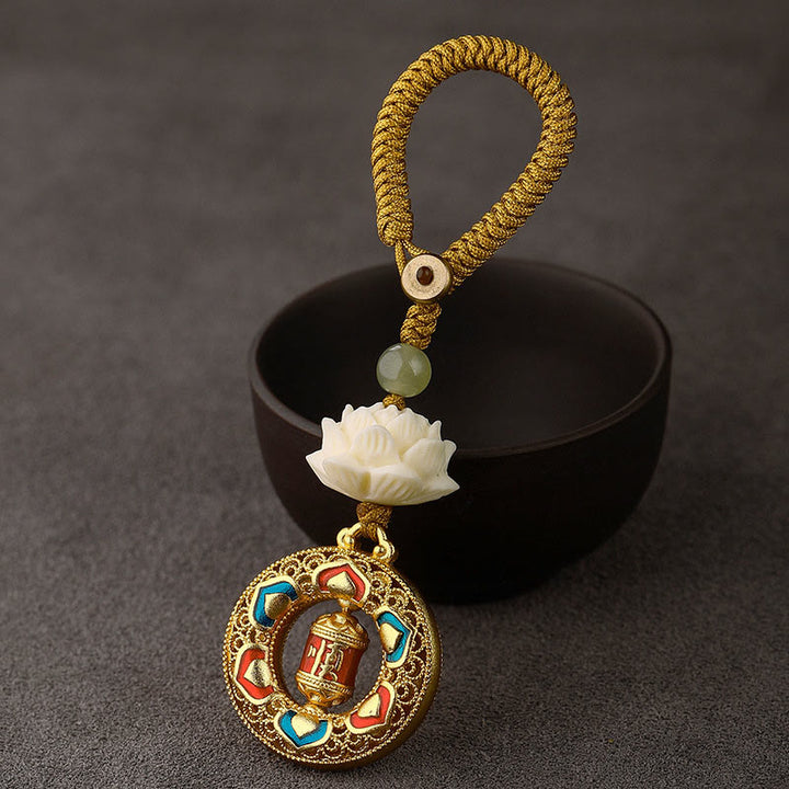 Buddha Stones Bodhi Seed Lotus Hetian Jade Bead Copper Rotatable Peace Key Chain - Prayer Wheel - Yellow Button Rope - image 13