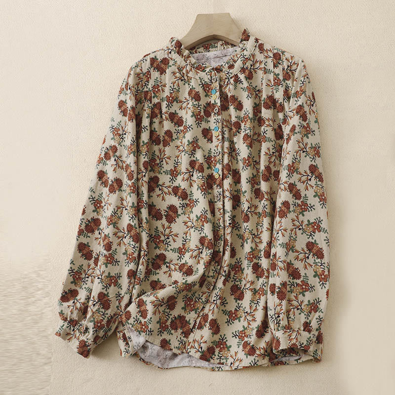Buddha Stones Fall Floral Print Buttons Down Design Women's Cotton Long Sleeve Shirt - Beige - US12，UK/AU16，EU44 (2XL) - image 0
