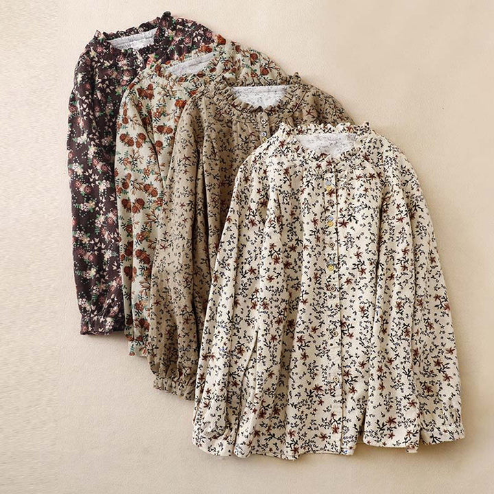 Buddha Stones Fall Floral Print Buttons Down Design Women's Cotton Long Sleeve Shirt - image 1