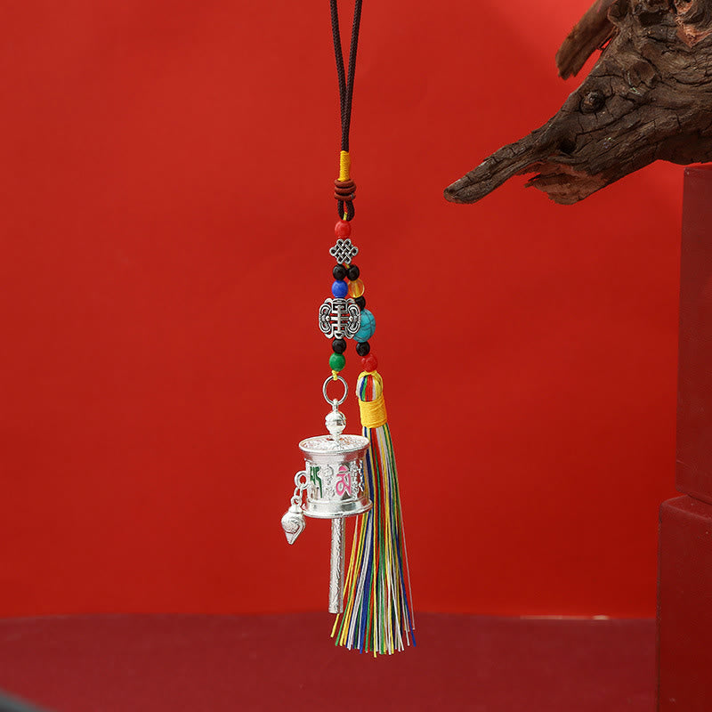Buddha Stones Prayer Wheel Om Mani Padme Hum Colorful Tassels Purity Key Chain - Full Silver - image 3