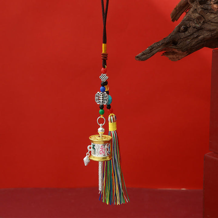 Buddha Stones Prayer Wheel Om Mani Padme Hum Colorful Tassels Purity Key Chain - Medium Silver - image 5