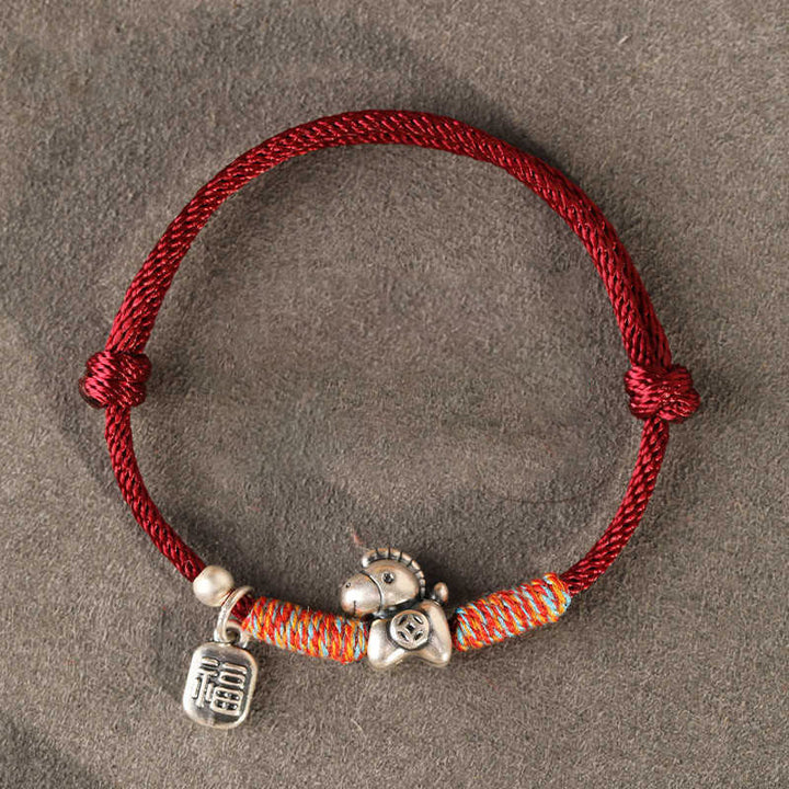 Buddha Stones 999 Sterling Silver Year Of The Horse Fu Character Charm String Braided Luck Bracelet - DarkRed String(Wrist Circumference: 14-18cm) - image 1