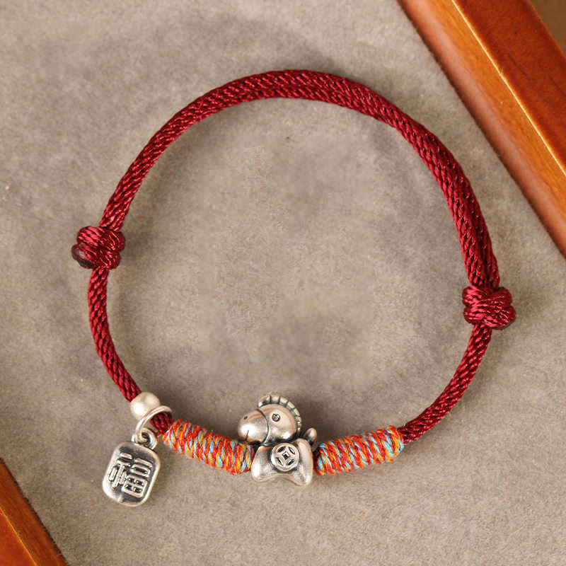 Buddha Stones 999 Sterling Silver Year Of The Horse Fu Character Charm String Braided Luck Bracelet - image 0
