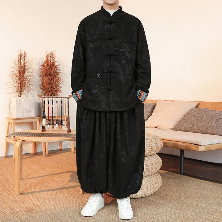 Buddha Stones 2Pcs Fall Winter Men's Tang Suit Dragon Frog-Button Cotton Long Sleeve Jacket Pants Set - image 1
