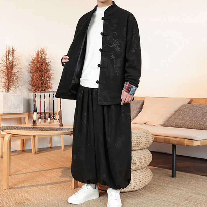 Buddha Stones 2Pcs Fall Winter Men's Tang Suit Dragon Frog-Button Cotton Long Sleeve Jacket Pants Set - image 9