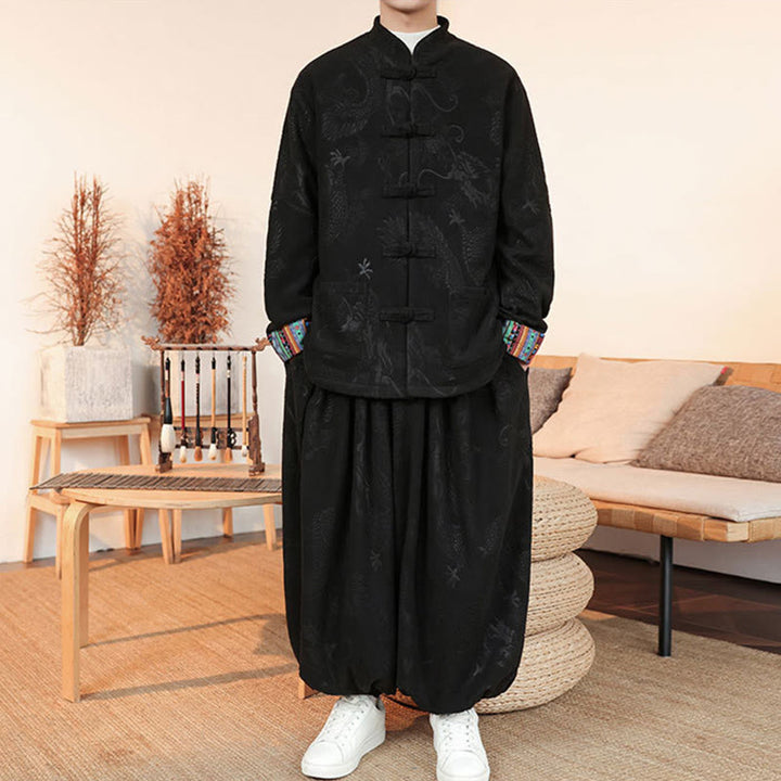 Buddha Stones 2Pcs Fall Winter Men's Tang Suit Dragon Frog-Button Cotton Long Sleeve Jacket Pants Set - image 2