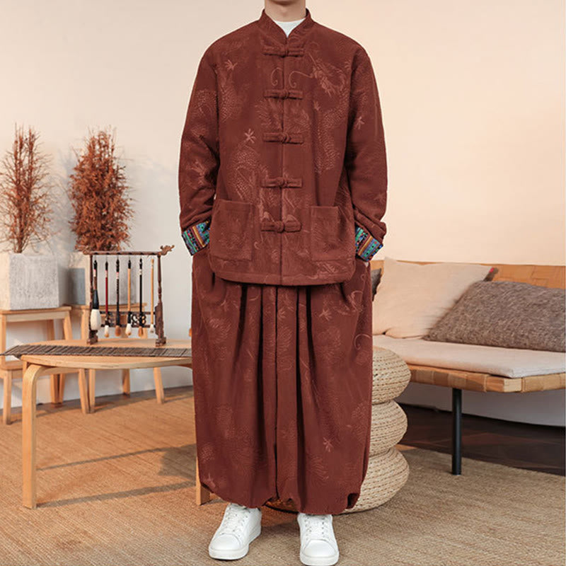 Buddha Stones 2Pcs Fall Winter Men's Tang Suit Dragon Frog-Button Cotton Long Sleeve Jacket Pants Set - image 16