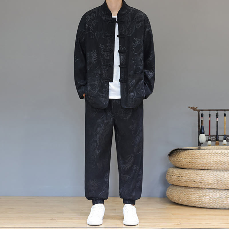 Buddha Stones 2Pcs Fall Winter Men's Tang Suit Dragon Frog-Button Cotton Corduroy Long Sleeve Jacket Pants Set With Pockets - Black - US/UK/AU46，EU56 (5XL) - image 12