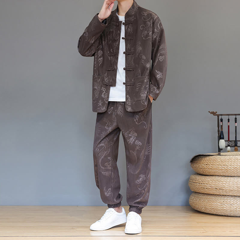 Buddha Stones 2Pcs Fall Winter Men's Tang Suit Dragon Frog-Button Cotton Corduroy Long Sleeve Jacket Pants Set With Pockets - image 7