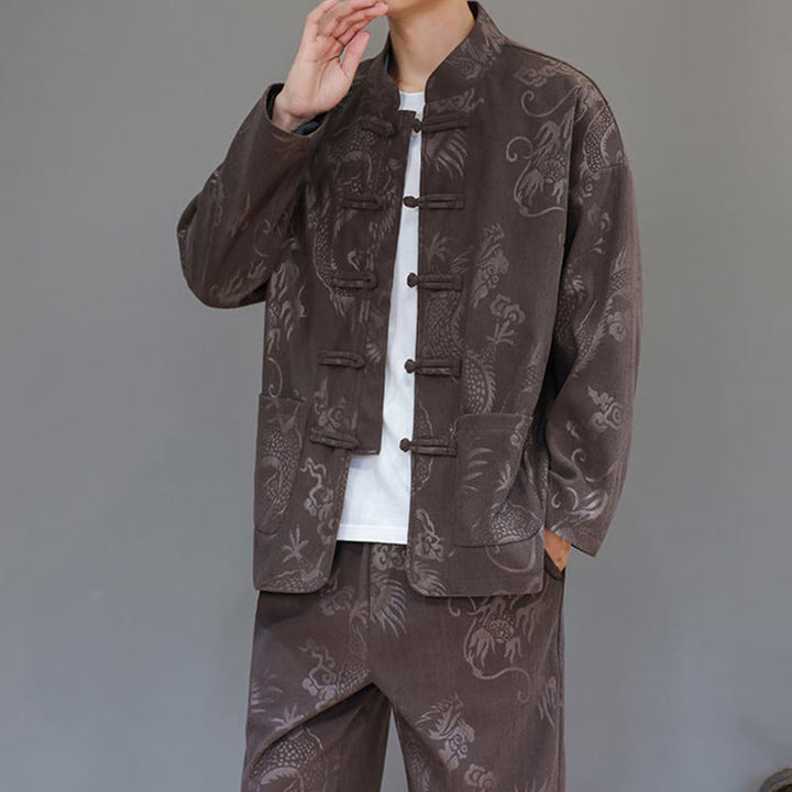 Buddha Stones 2Pcs Fall Winter Men's Tang Suit Dragon Frog-Button Cotton Corduroy Long Sleeve Jacket Pants Set With Pockets - image 8