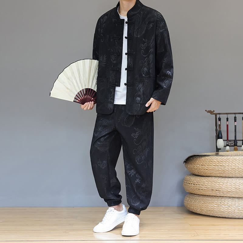 Buddha Stones 2Pcs Fall Winter Men's Tang Suit Dragon Frog-Button Cotton Corduroy Long Sleeve Jacket Pants Set With Pockets - image 17