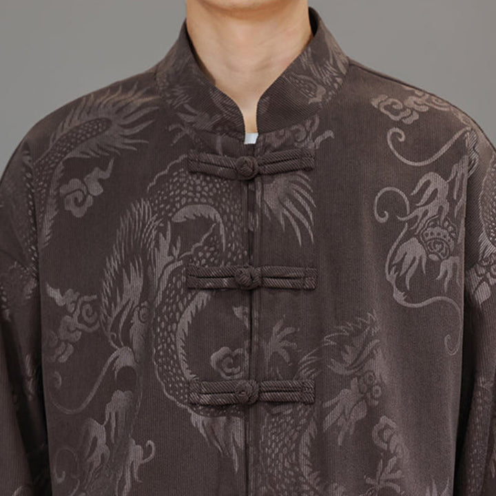 Buddha Stones 2Pcs Fall Winter Men's Tang Suit Dragon Frog-Button Cotton Corduroy Long Sleeve Jacket Pants Set With Pockets - image 9