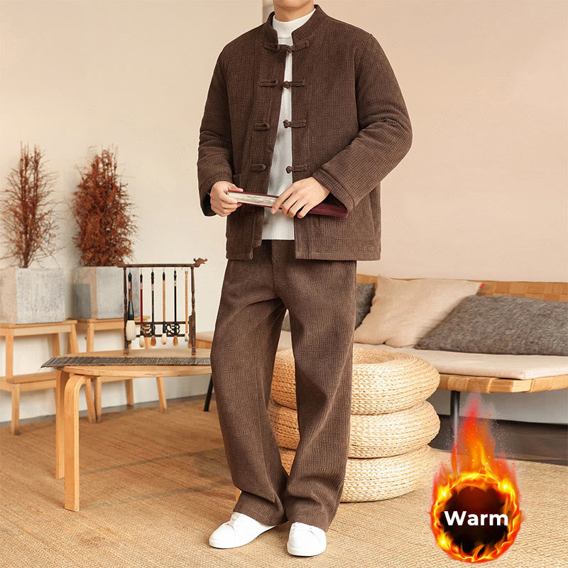 Buddha Stones 2Pcs Winter Solid Men's Tang Suit Frog-Button Cotton Long Sleeve Jacket Pants Set With Pockets - image 26