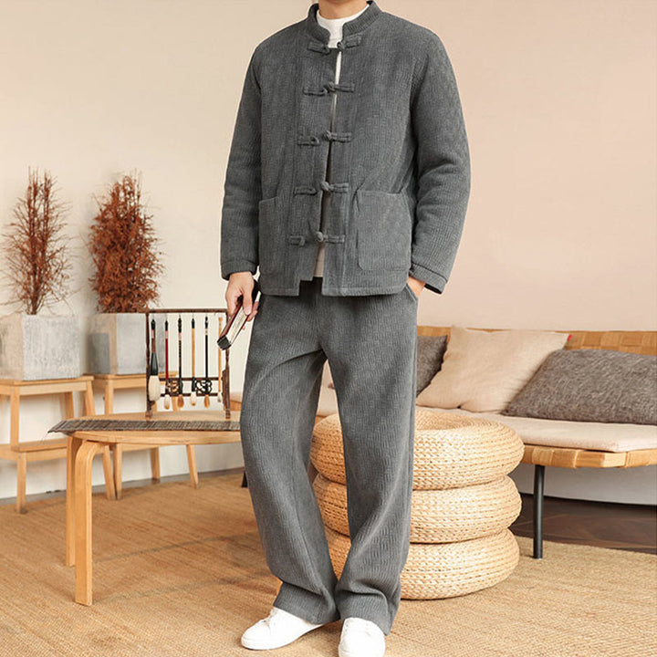 Buddha Stones 2Pcs Winter Solid Men's Tang Suit Frog-Button Cotton Long Sleeve Jacket Pants Set With Pockets - image 5