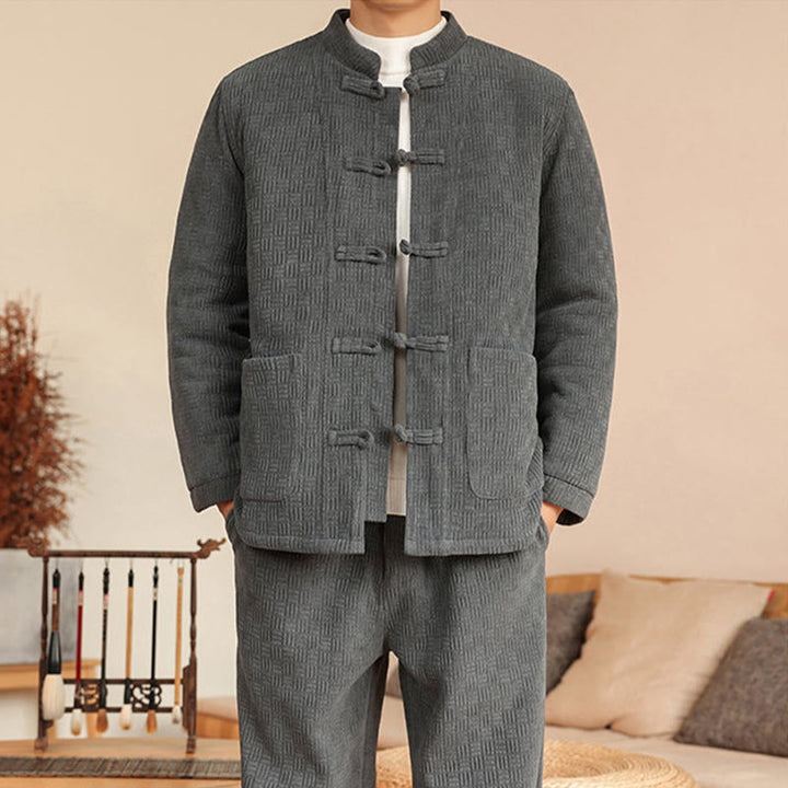Buddha Stones 2Pcs Winter Solid Men's Tang Suit Frog-Button Cotton Long Sleeve Jacket Pants Set With Pockets - image 8