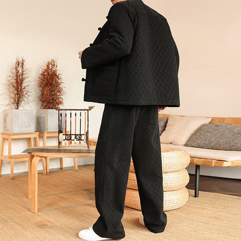 Buddha Stones 2Pcs Winter Solid Men's Tang Suit Frog-Button Cotton Long Sleeve Jacket Pants Set With Pockets - image 20