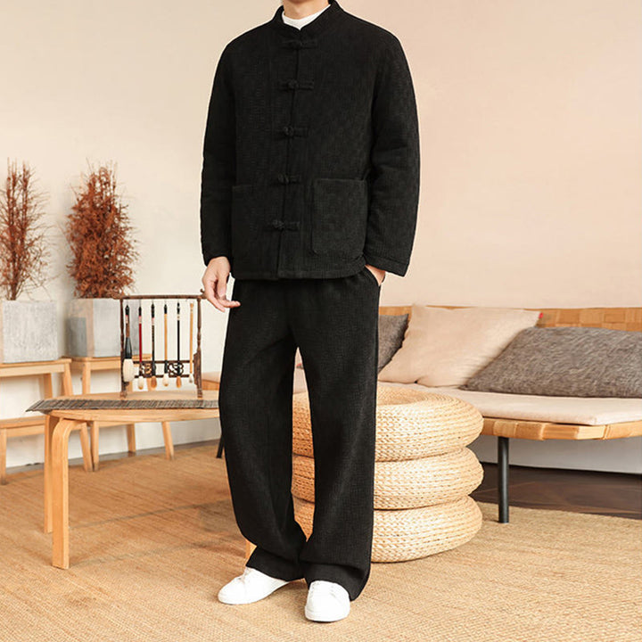 Buddha Stones 2Pcs Winter Solid Men's Tang Suit Frog-Button Cotton Long Sleeve Jacket Pants Set With Pockets - image 22