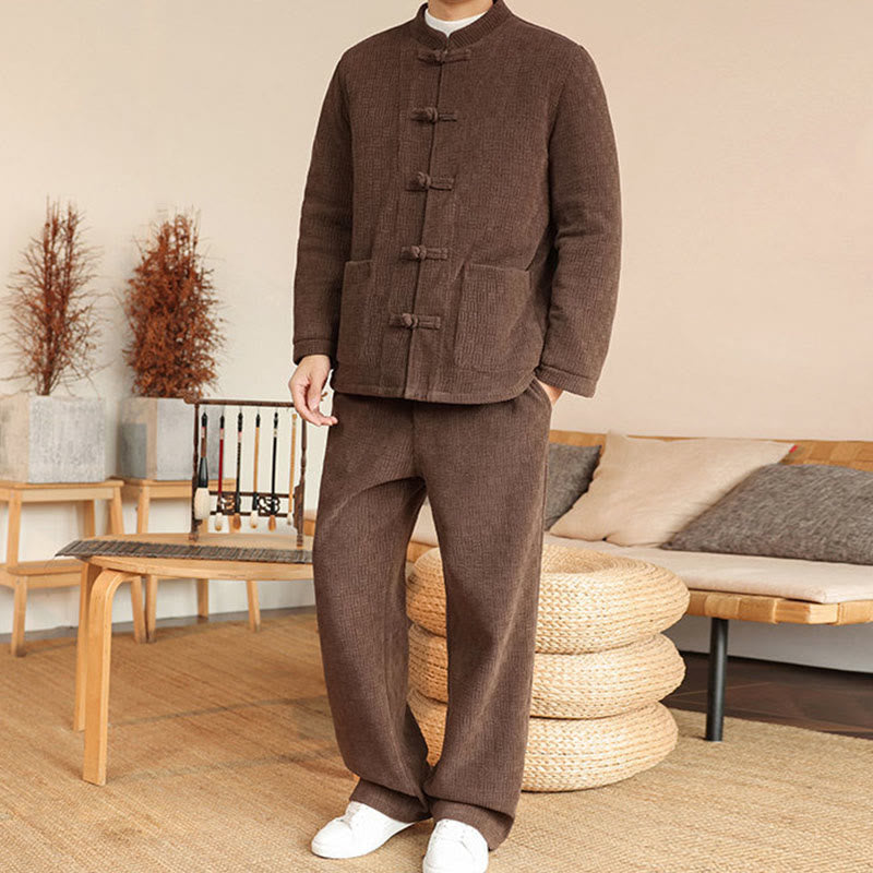 Buddha Stones 2Pcs Winter Solid Men's Tang Suit Frog-Button Cotton Long Sleeve Jacket Pants Set With Pockets - image 32