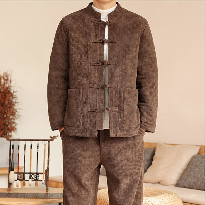 Buddha Stones 2Pcs Winter Solid Men's Tang Suit Frog-Button Cotton Long Sleeve Jacket Pants Set With Pockets - image 33