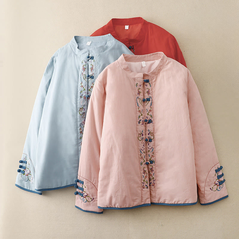 Buddha Stones Winter Flower Embroidery Frog-Button Long Sleeve Women's Thermal Jacket - image 0