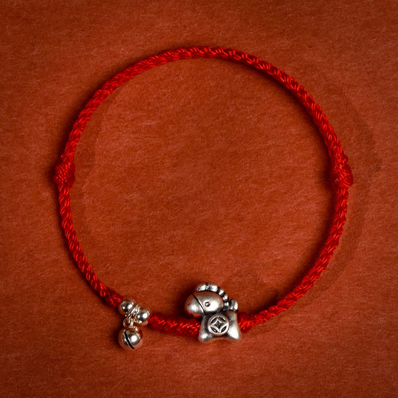 Buddha Stones 999 Sterling Silver Year Of The Horse 925 Sterling Silver Bell String Luck Child Adult Bracelet Anklet - Red Rope - Children's Anklet(Circumference 18-23cm) - image 1