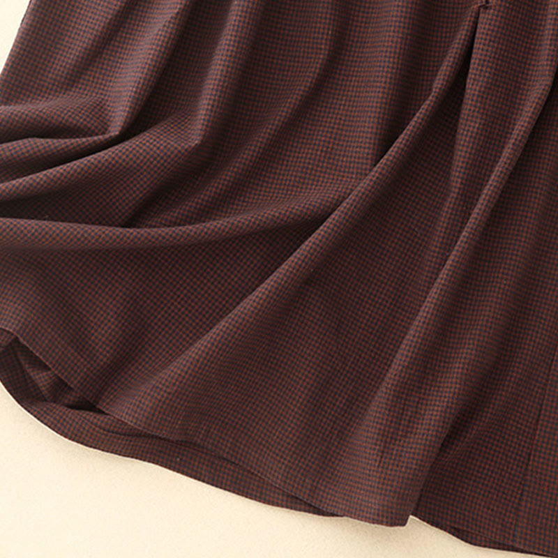 Buddha Stones Fall Brown Plaid Stand Collar Frog-Button Design Long Sleeve Midi Dress With Pockets - image 10