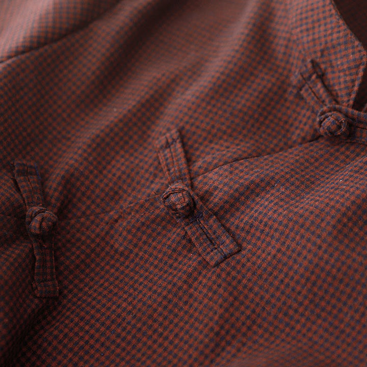 Buddha Stones Fall Brown Plaid Stand Collar Frog-Button Design Long Sleeve Midi Dress With Pockets - image 4