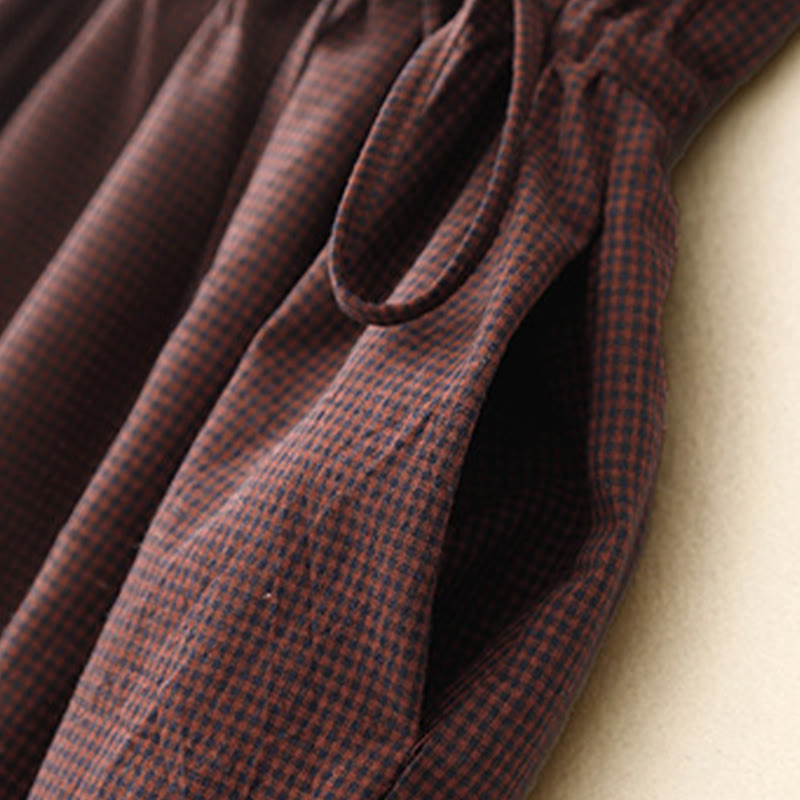 Buddha Stones Fall Brown Plaid Stand Collar Frog-Button Design Long Sleeve Midi Dress With Pockets - image 8