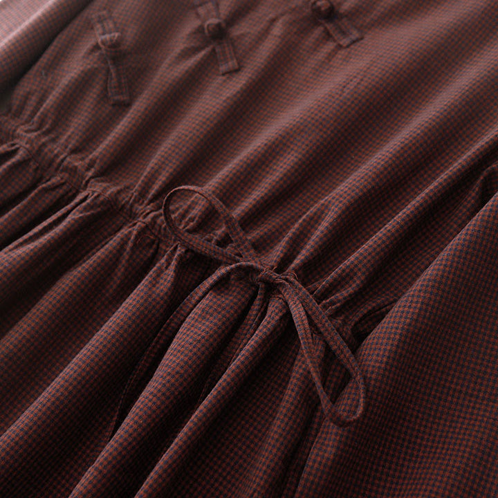 Buddha Stones Fall Brown Plaid Stand Collar Frog-Button Design Long Sleeve Midi Dress With Pockets - image 6