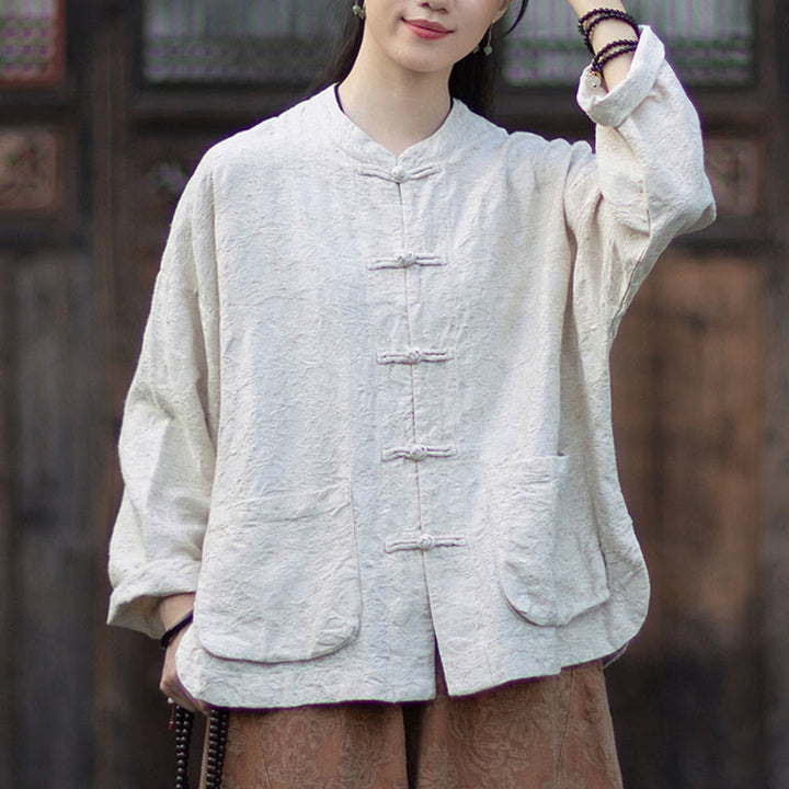 Buddha Stones Fall Jacquard Women's Frog-Button Long Sleeve Shirt Pants Cotton Linen Clothing - Beige Shirt - US4-6，UK/AU8-10，EU36-38 (F) - image 22
