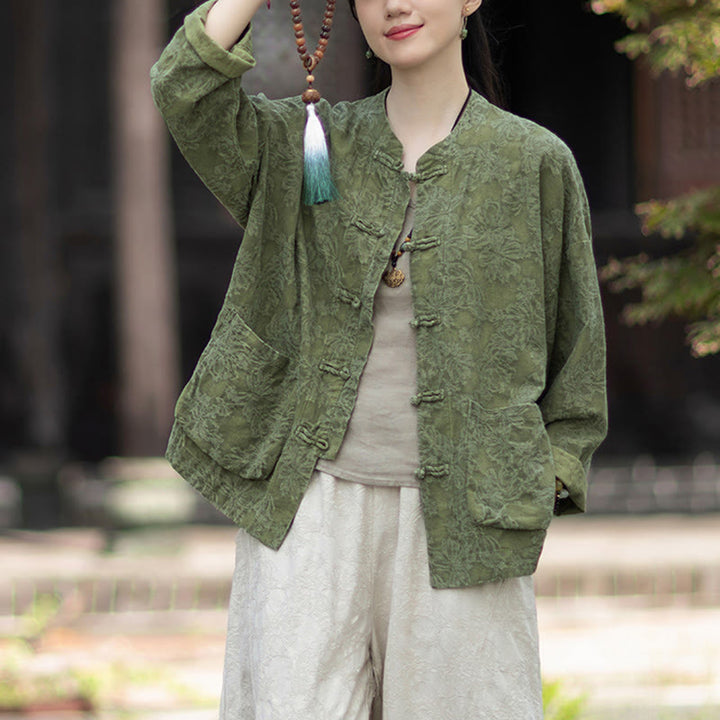 Buddha Stones Fall Jacquard Women's Frog-Button Long Sleeve Shirt Pants Cotton Linen Clothing - image 4